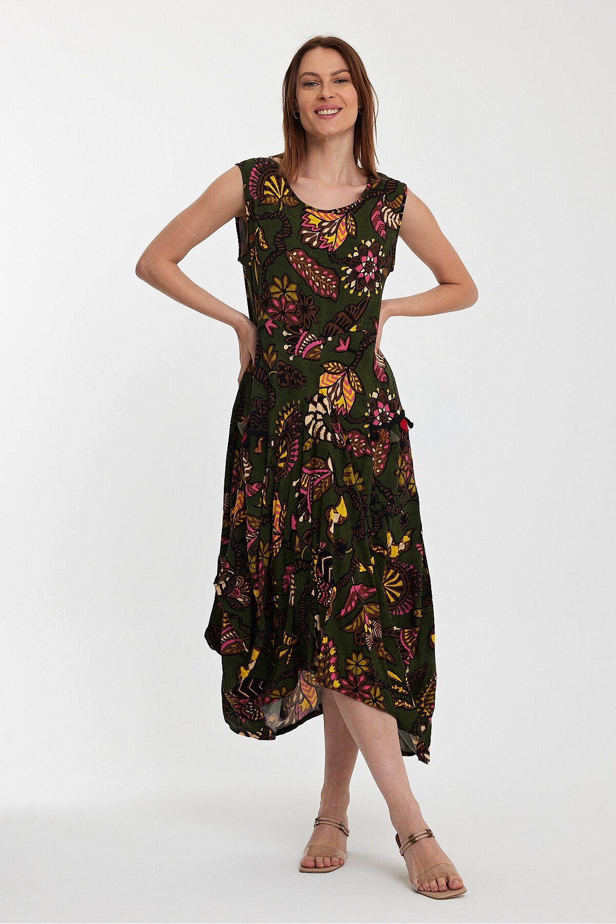 2014 Yeşil Otantik Desen Cepli Şalvar Model Elbise