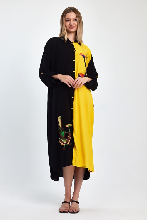 1012 Siyah Sarı Kadın Figür Nakışlı Viskon Gömlek Elbise