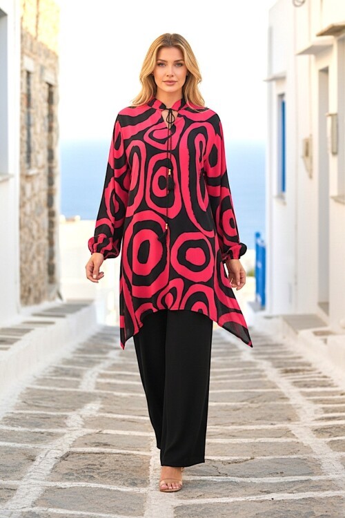 1017 Siyah Pembe Desenli Hakim Yaka Viskon Takım