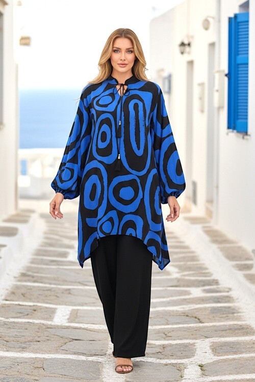 1017 Siyah Saks Mavi Desenli Hakim Yaka Viskon Takım