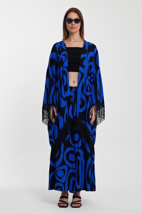 1019 Siyah Saks Mavi Desenli Püskül Detaylı Viskon Takım