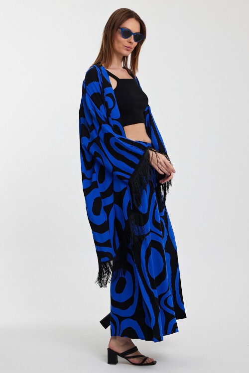 1019 Siyah Saks Mavi Desenli Püskül Detaylı Viskon Takım