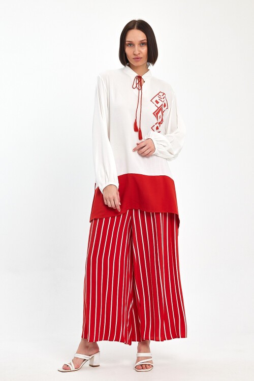 1021 Beyaz Kırmızı Desenli Hakim Yaka Viskon Takım