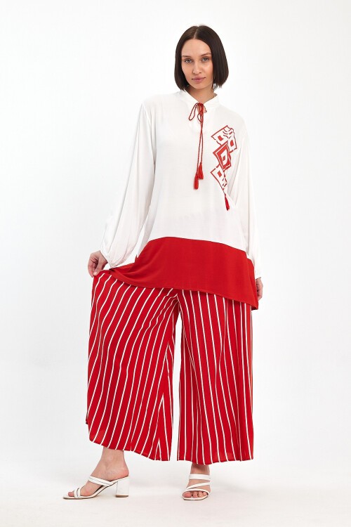 1021 Beyaz Kırmızı Desenli Hakim Yaka Viskon Takım