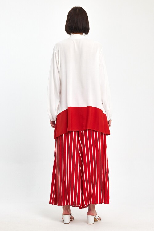 1021 Beyaz Kırmızı Desenli Hakim Yaka Viskon Takım