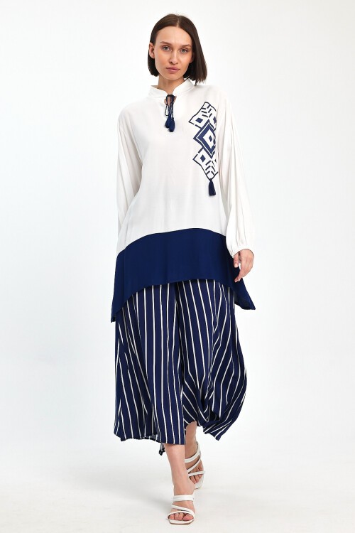 1021 Beyaz Lacivert Etnik Desenli Hakim Yaka Viskon Takım