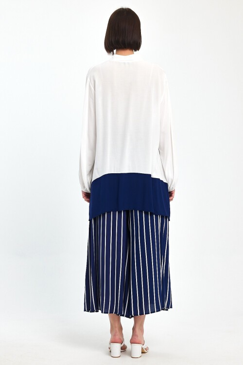 1021 Beyaz Lacivert Etnik Desenli Hakim Yaka Viskon Takım