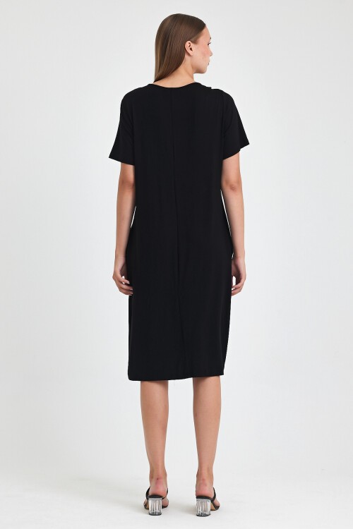 1025 Siyah Oranj Etnik Nakışlı Penye Viskon Elbise