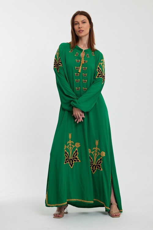 1026 Yeşil Kelebek Nakışlı Hakim Yaka Viskon Elbise