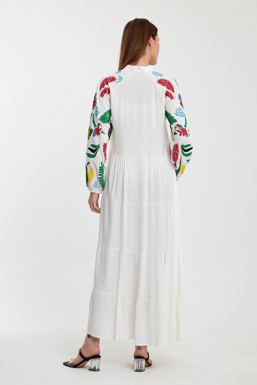 1027 Kadın Kolları Baskı Detaylı Yaka Bağcıklı Uzun Tesettür Elbise