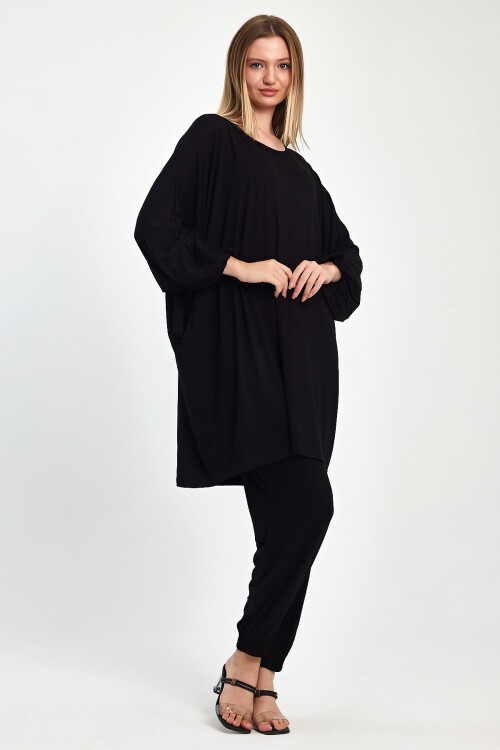 1029 Siyah Yarasa Kol Geniş Kalıp Penye Viskon İkili Takım