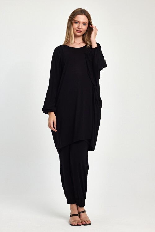 1029 Siyah Yarasa Kol Geniş Kalıp Penye Viskon İkili Takım