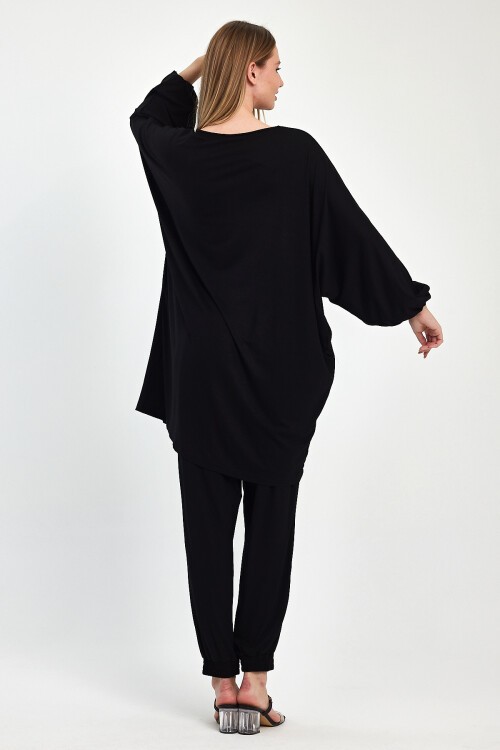 1029 Siyah Yarasa Kol Geniş Kalıp Penye Viskon İkili Takım