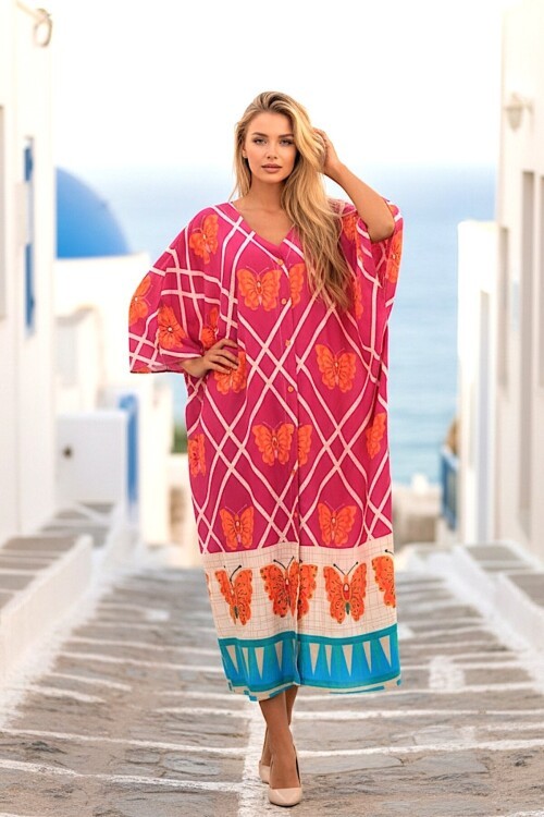 1032 Bordo Kelebek Desenli Gömlek Elbise