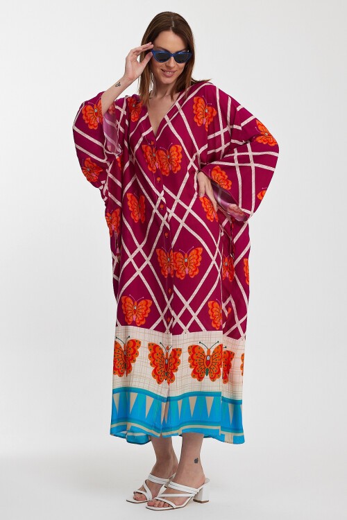 1032 Kadın Desenli Düğmeli Büyük Beden Otanik Gömlek Elbise