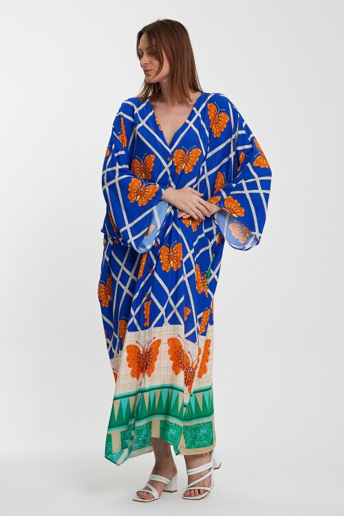 1032 Kadın Desenli Düğmeli Büyük Beden Otanik Gömlek Elbise