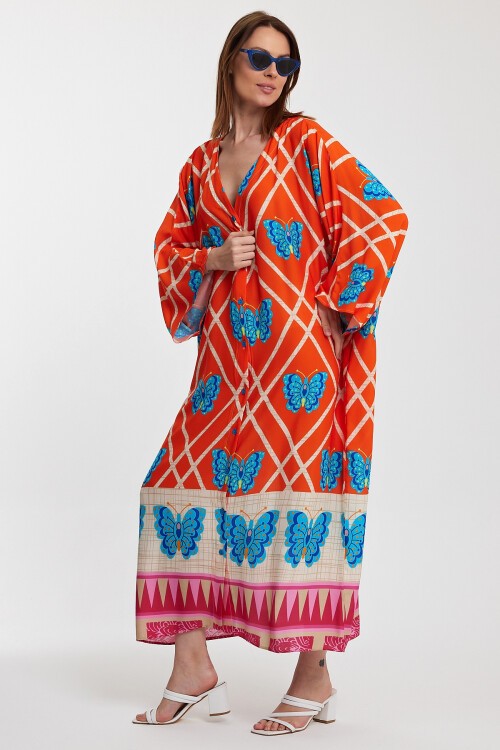 1032 Kadın Desenli Düğmeli Büyük Beden Otanik Gömlek Elbise