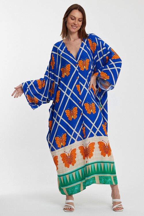 1032 Kadın Desenli Düğmeli Büyük Beden Otanik Gömlek Elbise