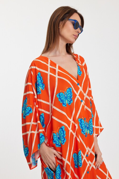 1032 Kadın Desenli Düğmeli Büyük Beden Otanik Gömlek Elbise