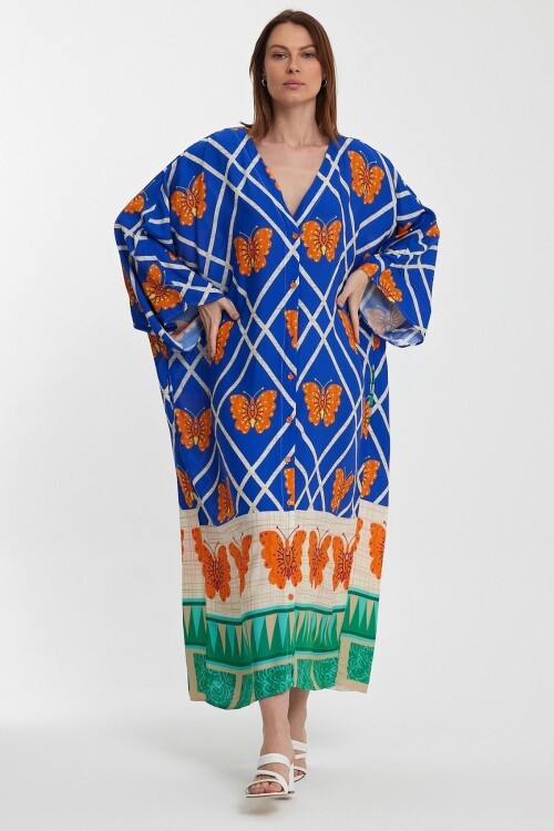 1032 Mavi Kelebek Desenli Gömlek Elbise