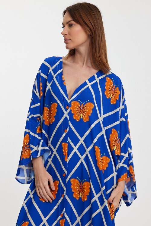 1032 Mavi Kelebek Desenli Gömlek Elbise