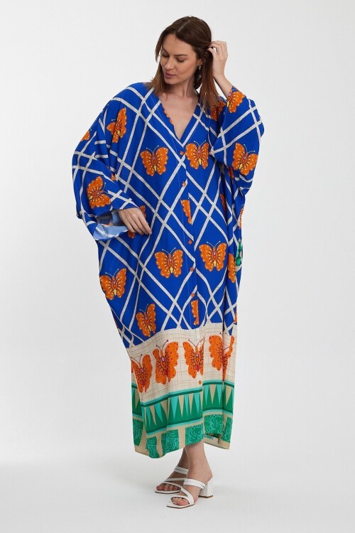 1032 Mavi Kelebek Desenli Gömlek Elbise