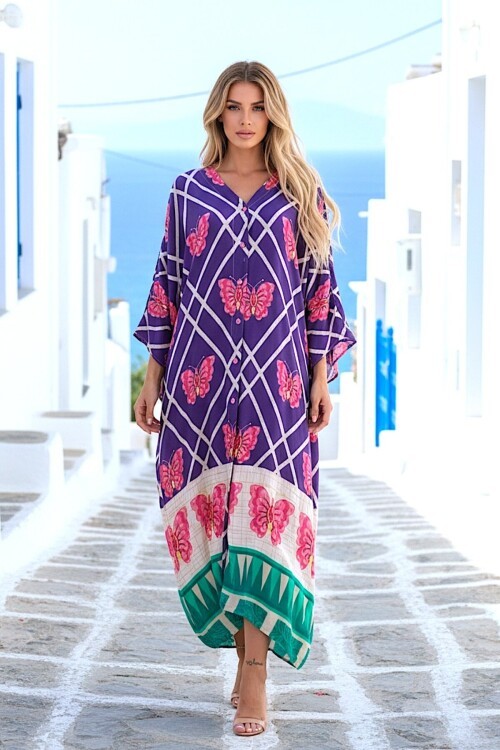 1032 Mor Kelebek Desenli Gömlek Elbise