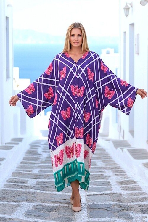 1032 Mor Kelebek Desenli Gömlek Elbise