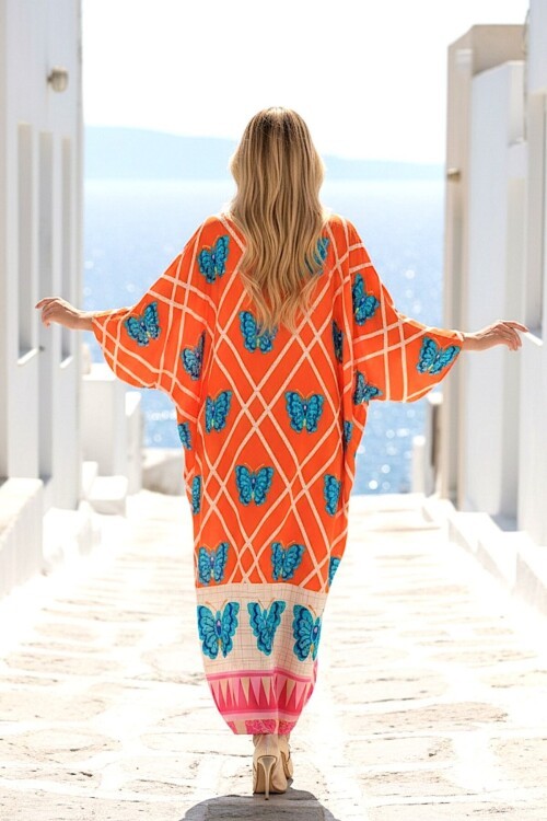 1032 Turuncu Kelebek Desenli Gömlek Elbise