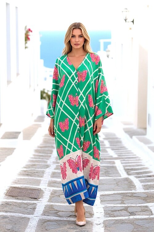 1032 Yeşil Kelebek Desenli Gömlek Elbise