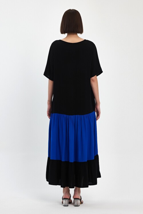 1041 Kadın Bisiklet Yaka Kısa Kol Aplike Nakışlı Uzun Elbise