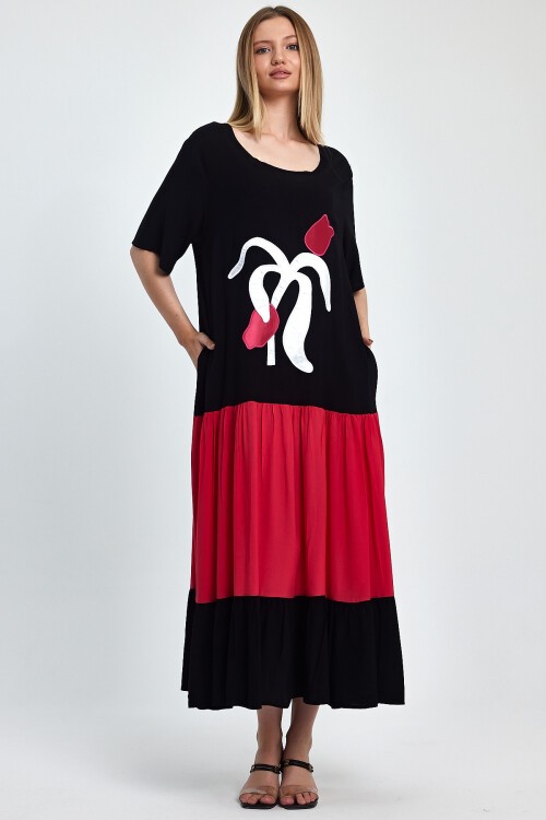 1041 Kadın Bisiklet Yaka Kısa Kol Aplike Nakışlı Uzun Elbise