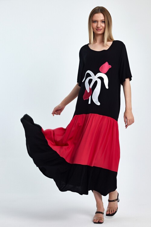 1041 Kadın Bisiklet Yaka Kısa Kol Aplike Nakışlı Uzun Elbise