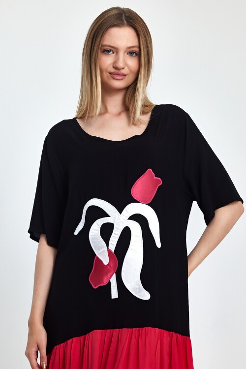 1041 Kadın Bisiklet Yaka Kısa Kol Aplike Nakışlı Uzun Elbise