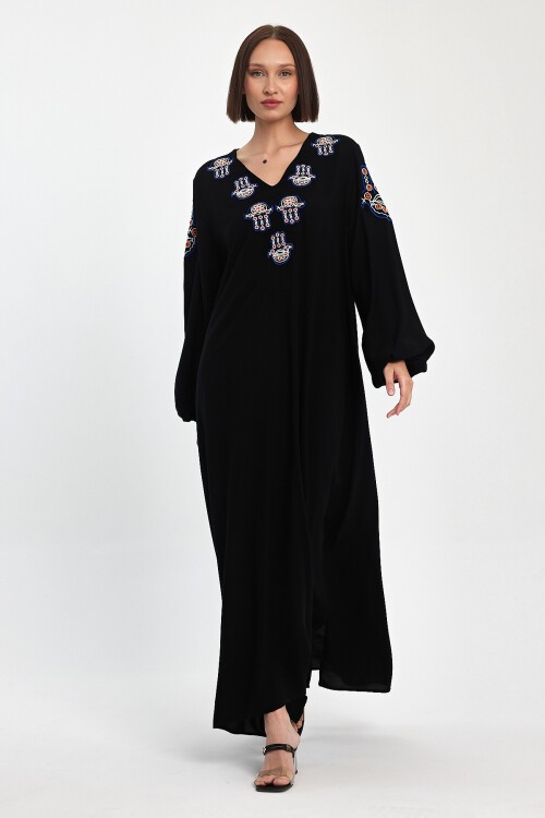 1044 Siyah Kadın V Yaka Nakış Detaylı Balon Kol Uzun Viskon Elbise