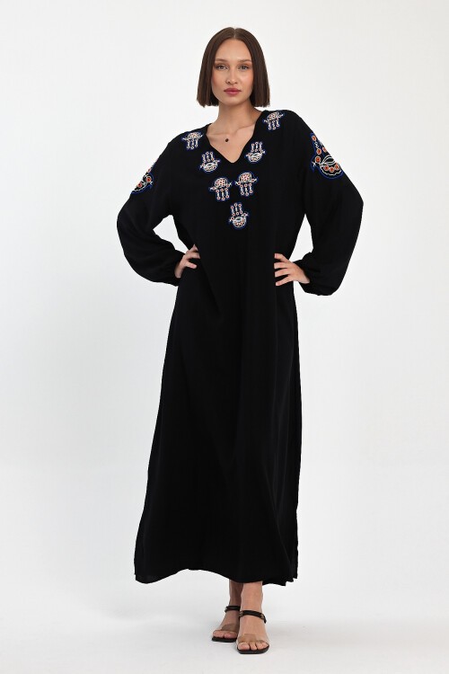 1044 Siyah Kadın V Yaka Nakış Detaylı Balon Kol Uzun Viskon Elbise