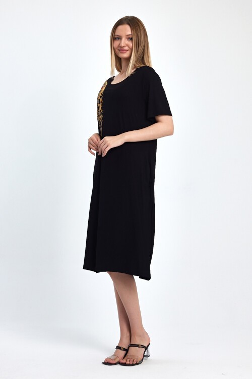 1048 Siyah Altın Nakışlı Cep Detaylı Penye Viskon Elbise