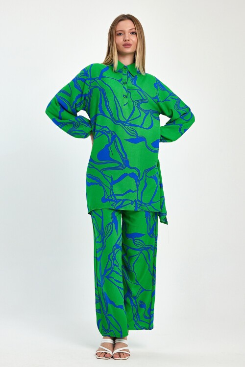 1055 Yeşil Yarım Kapamalı Tunik Pantolon Viskon Takım