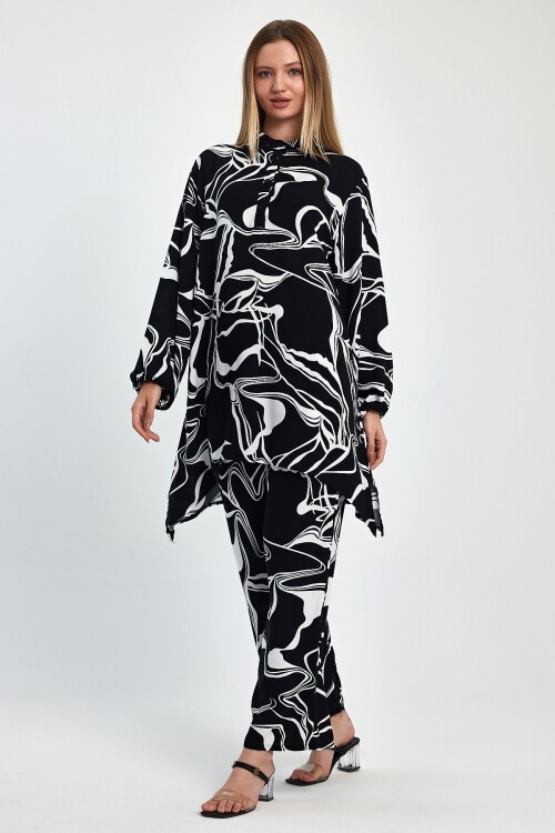 1055 Siyah Yarım Kapamalı Tunik Pantolon Viskon Takım