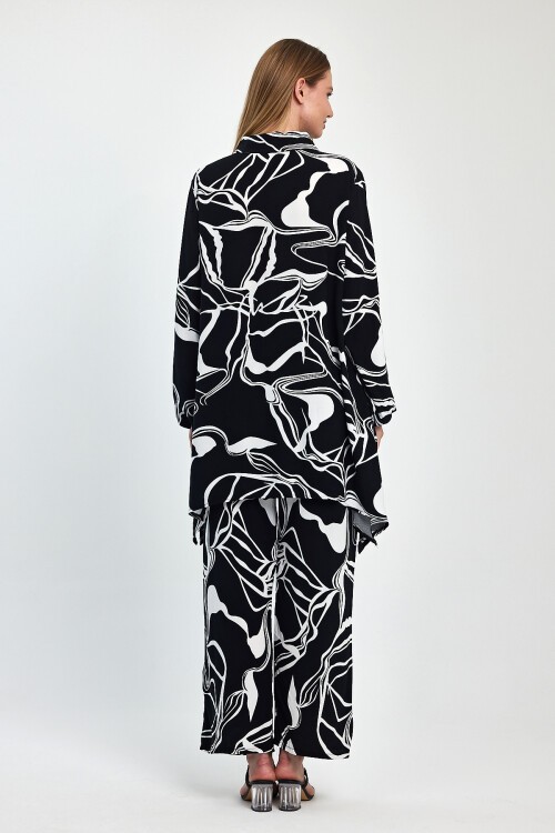 1055 Siyah Yarım Kapamalı Tunik Pantolon Viskon Takım