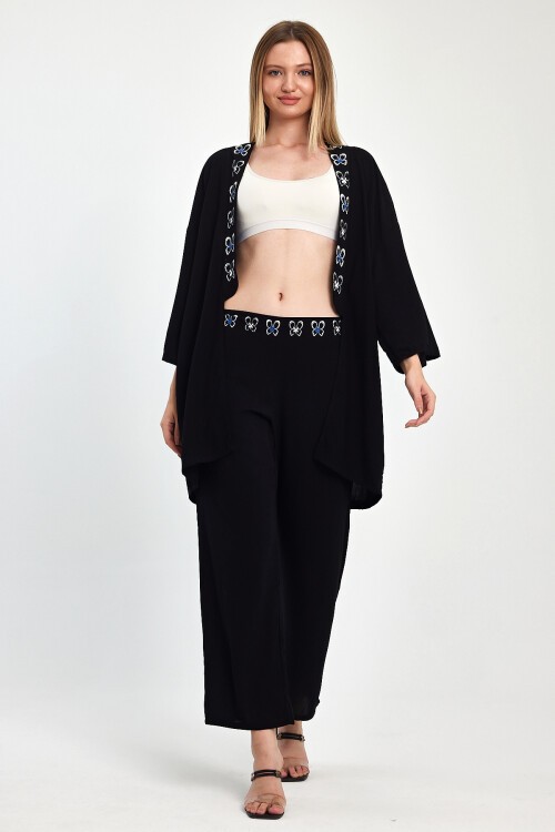 1056 Siyah Mavi Kelebek Desenli Sırt Detaylı Viskon Takım