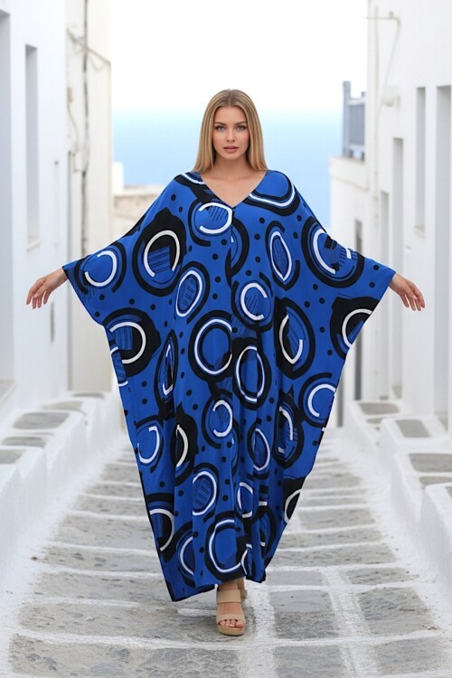 1067 Kadın Saks Mavi V Yaka Desenli Standart Beden Elbise