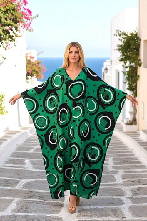 1067 Kadın Yeşil V Yaka Desenli Standart Beden Elbise