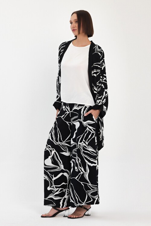 1068 Siyah Beyaz Desenli Üçlü Viskon Takım