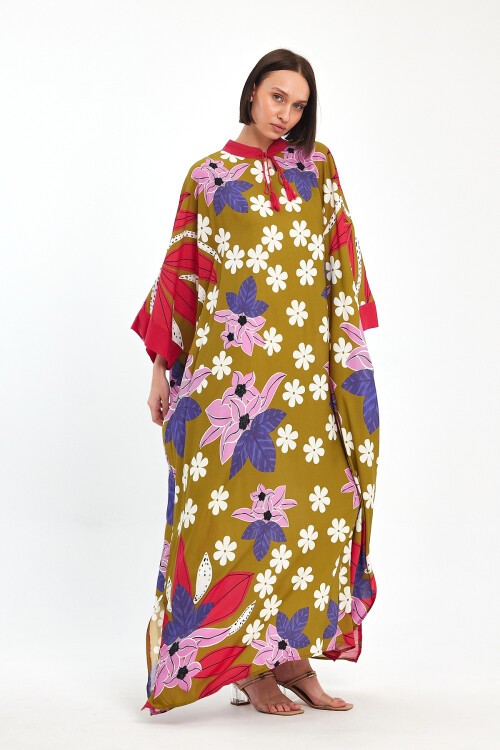 1069 Kadın Hakim Yaka Bağcıklı Desenli Standart Beden Etnik Elbise