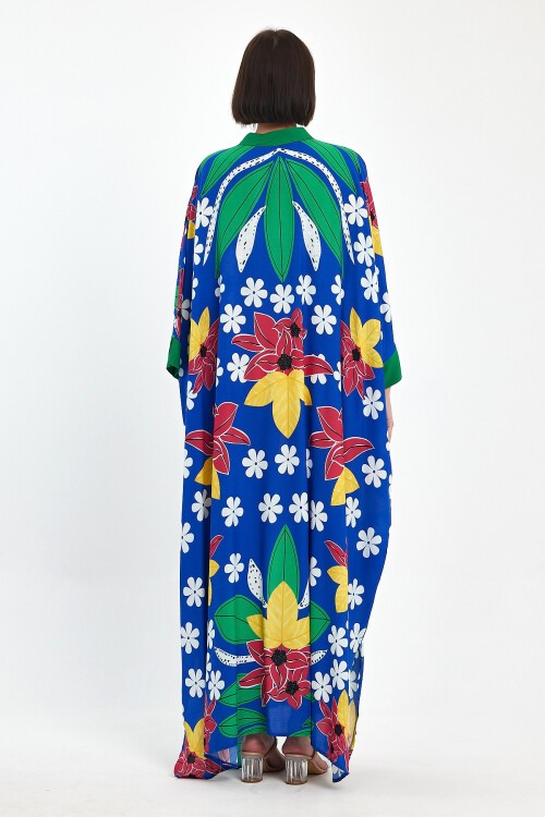 1069 Kadın Hakim Yaka Bağcıklı Desenli Standart Beden Etnik Elbise