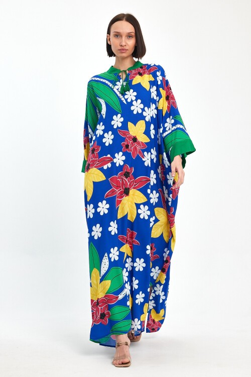 1069 Kadın Hakim Yaka Bağcıklı Desenli Standart Beden Etnik Elbise