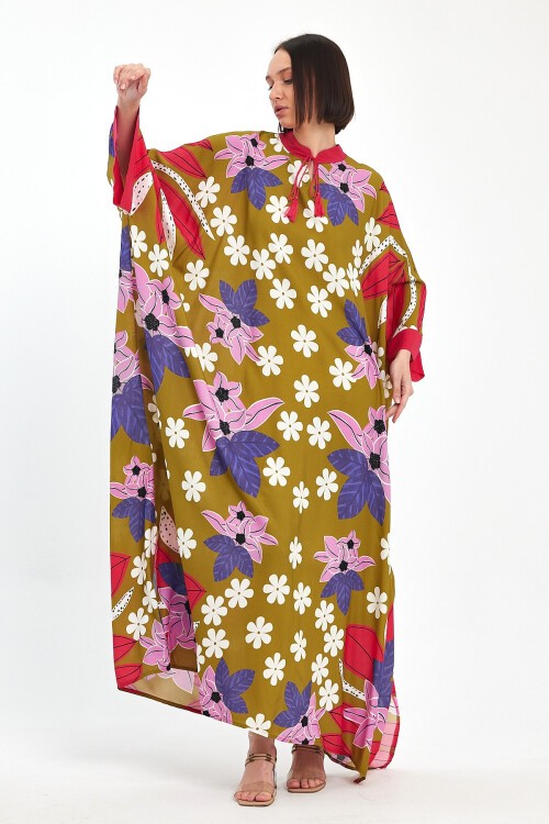 1069 Kadın Hakim Yaka Bağcıklı Desenli Standart Beden Etnik Elbise