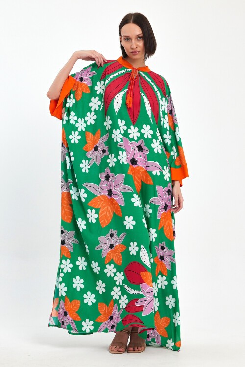 1069 Kadın Hakim Yaka Bağcıklı Desenli Standart Beden Etnik Elbise