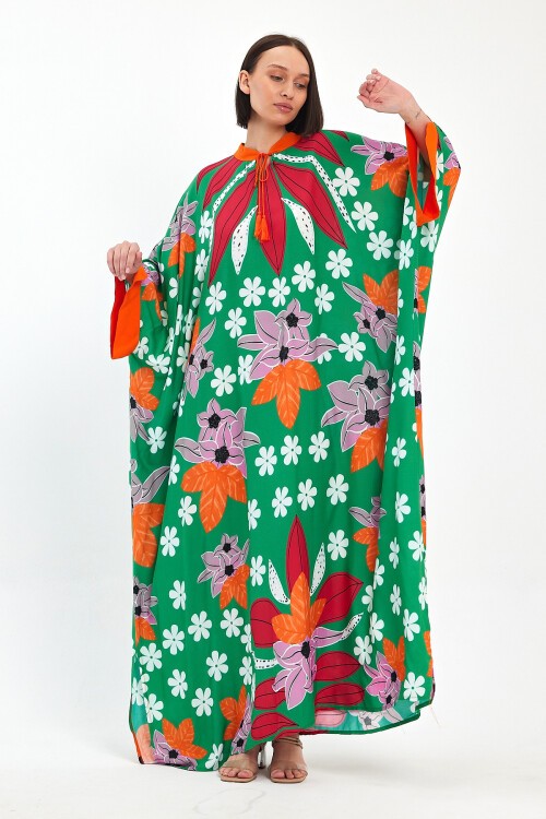 1069 Kadın Hakim Yaka Bağcıklı Desenli Standart Beden Etnik Elbise